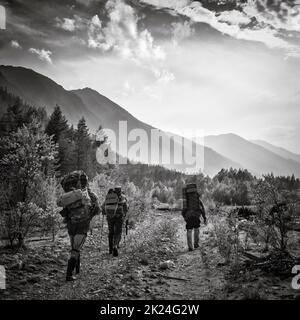 30th de juillet 2018, Russie, région de montagne de Kodar, hickers sur le fond des montagnes et des arbres noirs et de la merde Banque D'Images