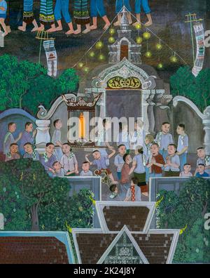 CHIANG MAI,THAÏLANDE - 27 OCTOBRE 2014 : peinture murale de la Lanna thaï du festival Buddist sur le mur du temple de Wat Chaimongkol à Chiang Mai, au Thaïlande Banque D'Images