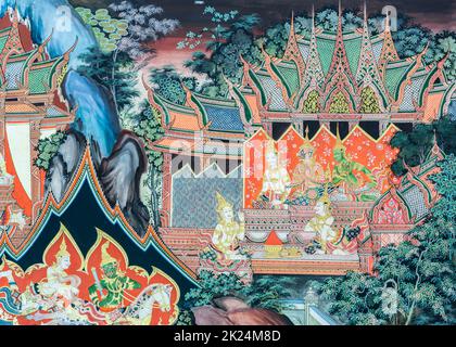 Suphanburi, Thaïlande - 31 janvier 2014 : peinture murale du temple bouddhiste (la vie du Bouddha) à l'intérieur de Wat Sampasiw à Suphan Buri, Thaïlande Banque D'Images