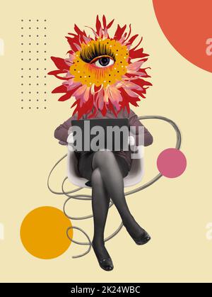 Design d'art contemporain. Globe oculaire en fleur. Affiche d'art conceptuel moderne avec un regard magnifique dans un style surréaliste. Femme assise avec un ordinateur portable Banque D'Images