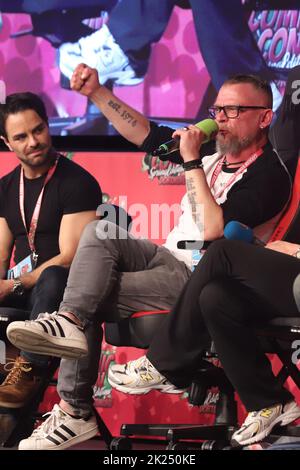 panneau de synchroniseur v.l. S, Marios Gavrilis, Björn Schalla, Sandra Schwittau, Charles Rettinghaus, German Comic con, Westfalenhallen, Dortmund, 23. Banque D'Images