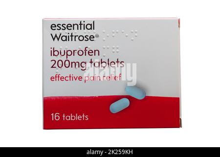 Essential Waitrose ibuprofène 200mg comprimés analgésiques efficaces médicament isolé sur fond blanc Banque D'Images