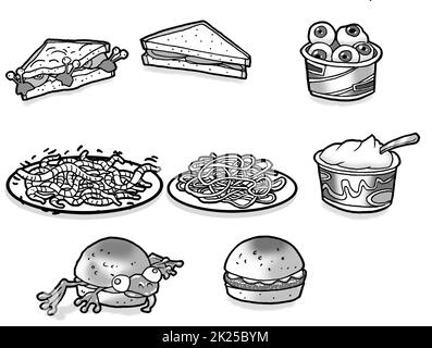 Black & white art, showing a selection of creepy, fictional, Halloween food, children's educational activity pages, colouring in, monster party menus. Stock Photo