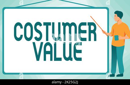 Inspiration montrant le signe de la valeur du client. Mot écrit sur le montant des avantages que les clients obtiennent de l'achat de produits instructeur d'école dessin pointage Stick Whiteboard tout en tenant la coupe. Banque D'Images