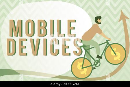 Périphériques mobiles à texte d'écriture manuscrite. Idée d'affaires Un appareil informatique portable comme smartphone tablette ordinateur homme dessin vélo d'équitation avec Dollar Sign Wheels allant vers le haut. Banque D'Images