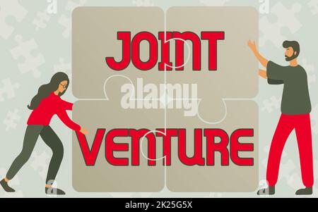 Texte d'écriture joint Venture. Photo conceptuelle Entente de collaboration Parties Partenariat équipe collègues dessin ajustement de quatre pièces de puzzle Jigsaw ensemble travail d'équipe. Banque D'Images