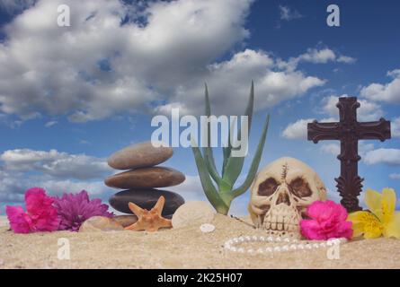 Plante d'aloès avec fleurs et crâne sur sable avec ciel bleu Banque D'Images