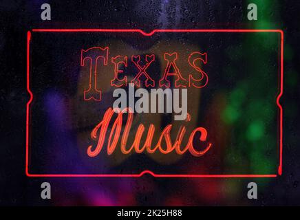 Panneau Neon Texas Music In Rainy Window Banque D'Images