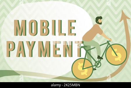 Affichage conceptuel paiement mobile. Mot écrit sur le paiement sans espèces effectué par l'intermédiaire d'appareils électroniques portables homme dessin vélo d'équitation avec Dollar Sign Wheels allant vers le haut. Banque D'Images