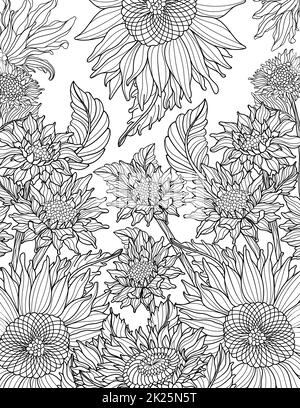 Dessin de ligne fleurs pour coloriage Livre idée Banque D'Images