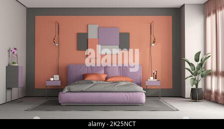Chambre principale colorée avec lit double moderne Banque D'Images