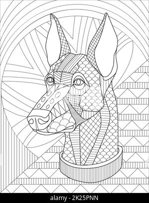 Dessin de ligne de visage de chien avec détails géométriques et cahier de coloriage d'arrière-plan de motif Banque D'Images