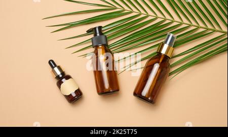 flacons cosmétiques marron en verre avec pipette, pulvérisateur et distributeur sur fond marron, vue de dessus.Récipients pour produits liquides Banque D'Images