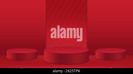 3D studio abstrait avec trois socles. Plate-forme géométrique rouge avec arrière-plan abstrait rouge. Étape de démonstration du produit, présentation - Vector Banque D'Images