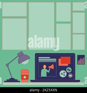 Ordinateur portable posé sur Une table à côté d'une tasse à café et d'une lampe de bureau montrant le processus de travail. Mini-ordinateur assis Haut de bureau à côté de la coupe avec ampoule Afficher les projets d'emploi à distance. Banque D'Images