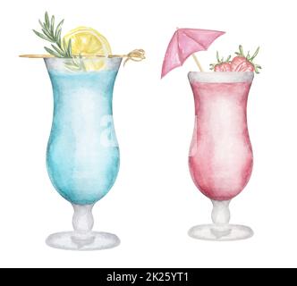 Watercolor hand drawn cocktail illustration set. Beverages clipart for menu, card, postcard, banner, poster. Food and drink print Stock Photo