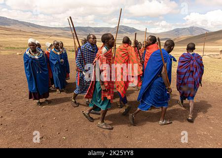 Zone de conservation de Ngorongoro, Tanzanie - 7 novembre 2017 : peuple masai dans un village traditionnel. Tribesmen dansant avec les touristes Banque D'Images