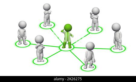 3D personnes de petite taille - leader vert au milieu connecté avec le groupe - gestion d'équipe et concept de communauté Banque D'Images