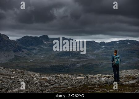 Montagnes Haukelifjell, Northeat Norway Backpacker en admirant la vue magnifique Banque D'Images