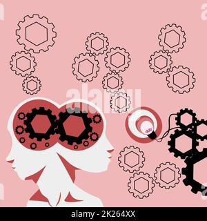 Deux chefs avec COGS montrant des idées technologiques.Gears in Brain Symbols Design Affichage d'une idée mécanique et technique. Banque D'Images