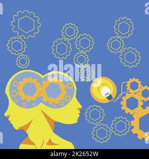 Deux chefs avec COGS montrant des idées technologiques.Gears in Brain Symbols Design Affichage d'une idée mécanique et technique. Banque D'Images