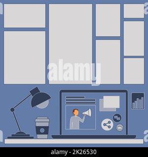 Ordinateur portable posé sur Une table à côté d'une tasse à café et d'une lampe de bureau montrant le processus de travail. Mini-ordinateur assis Haut de bureau à côté de la coupe avec ampoule Afficher les projets d'emploi à distance. Banque D'Images