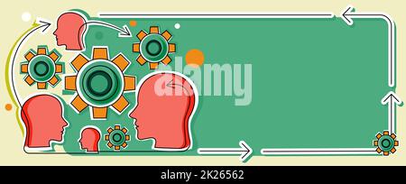 Plusieurs têtes avec COGS montrant des idées technologiques.Gears in Brain Symbols Design Affichage d'une idée mécanique et technique. Banque D'Images