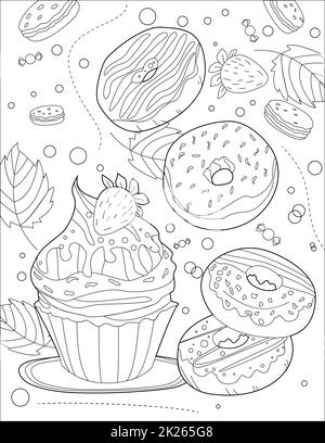 Big Cupcake avec remplissage Donuts couvert avec Frost Line dessin coloriage Livre idée Banque D'Images