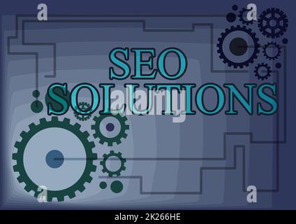 Légende conceptuelle Seo Solutions. Mot pour la page de résultat du moteur de recherche augmenter les visiteurs par classement Illustration des engins mécaniques connectés les uns aux autres effectuant des travaux Banque D'Images