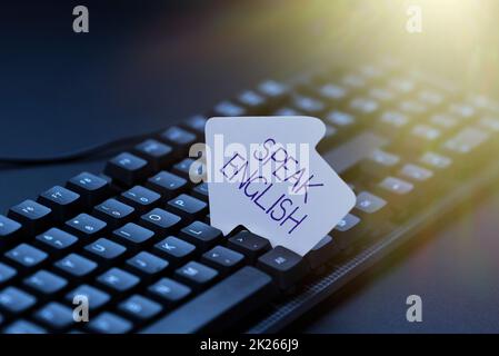 Symbole textuel indiquant parler anglais. Étude de concept d'affaires un autre cours de langue étrangère en ligne verbal rédaction de plaintes sur les médias sociaux, signalement de mauvais comportement en ligne Banque D'Images