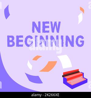 Inspiration montrant le signe Nouveau commencement. Mot écrit sur une carrière différente ou Endeavour recommencer démarrage renouveler le dessin de machine à écrire Vintage avec plusieurs papiers flottants. Banque D'Images