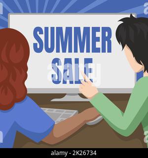 Légende du texte présentant les soldes d'été. Mot écrit sur un type spécial de réduction à la marchandise imposée pendant l'été couple dessin utilisant l'ordinateur de bureau accomplir leur travail. Banque D'Images