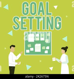 Affiche d'écriture manuelle Définition de l'objectif. Aperçu de l'entreprise rêvez de conseils de motivation ou de rappel pour prendre des mesures Illustration d'un couple présentant des idées tenant des notes accrochant sur les tableaux. Banque D'Images
