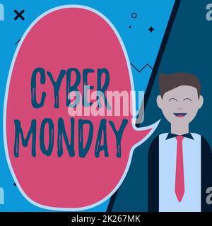 Texte montrant inspiration Cyber Monday. Mot pour un jour où les sites Web d'ecommerce offrent une offre spéciale pour les acheteurs Illustration de l'homme d'affaires présentant des idées à vide Chat Cloud. Banque D'Images