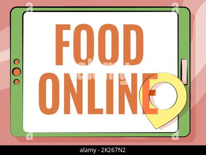 Écriture affichant le texte Food Online. Mot écrit sur la variété des aliments mis en place dans un site Web directement livré par ordinateur de magasin tablette dessin avec écran tactile clair et broche d'emplacement. Banque D'Images