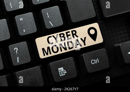 Légende conceptuelle Cyber Monday. Business idée Marketing terme pour lundi après Thanksgiving vacances aux États-Unis convertir des données analogiques en médias numériques, tapant Forum conseils utiles Banque D'Images