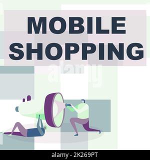 Écriture affichage de texte Mobile Shopping. Concept d'affaires pour l'achat de marchandises menées à l'aide d'un téléphone portable travailleurs dessin aider l'un l'autre avec Flashlight pour fixer Megaphone. Banque D'Images