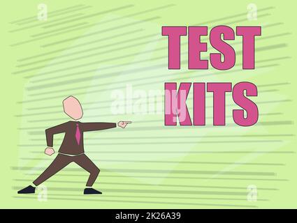 Inspiration montrant des kits de test de signe. Outils d'approche commerciale utilisés pour détecter la présence de quelque chose dans le corps Homme en costume dessin pointant vers l'avant montrer le leadership. Banque D'Images