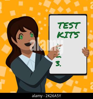 Inspiration montrant des kits de test de signe. Outils d'idée d'affaires utilisés pour détecter la présence de quelque chose dans le corps de femme d'affaires dessin tenant blanc tableau présentant des annonces Banque D'Images