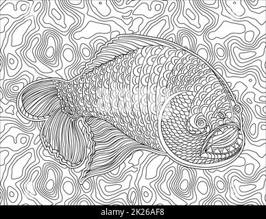 Giant Fish with Big Teeth Line Drawing with Sea Weed Detailed Background coloring Book Banque D'Images