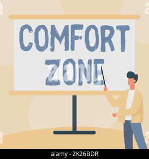 Écriture affichant le texte Comfort zone. Internet concept Une situation où l'on se sent en sécurité ou à l'aise ont le contrôle de l'enseignant dans la veste dessin debout pointage Stick au tableau blanc. Banque D'Images