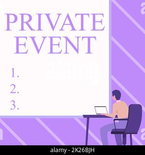 Affiche l'événement privé. Internet concept Réservations exclusives RSVP Invitational Homme assis fauteuil utilisant un ordinateur portable placé sur la table avec grand tableau blanc. Banque D'Images