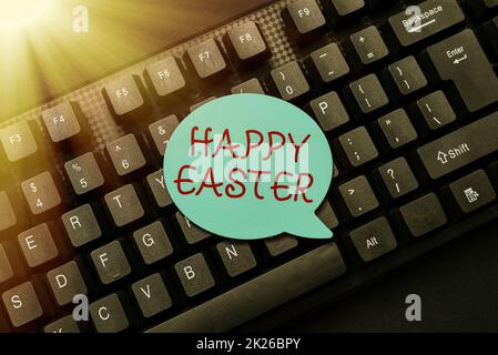 Légende conceptuelle Joyeuses Pâques. Idée d'affaires fête chrétienne commémorant la résurrection de Jésus abstrait dactylographiant Nouveau slogan d'affaires message, écrivant des stratégies de marché Banque D'Images