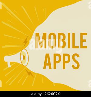 Applications mobiles de texte d'écriture manuscrite. Présentation de l'entreprise application logicielle conçue pour s'exécuter sur des périphériques de poche mise en plan de mégaphone Nouvelle annonce sonore du Cloud vierge. Banque D'Images