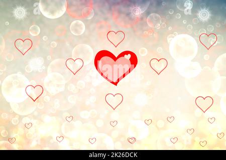 Modèle de carte de mariage ou de Saint-Valentin. Abstrait festif flou jaune vif pastel fond avec coeur rouge amour bokeh et étoiles pour le jour de mariage. Cadre texturé romantique avec espace. Banque D'Images