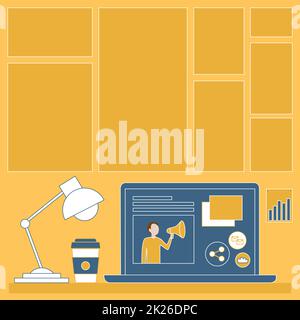 Ordinateur portable posé sur Une table à côté d'une tasse à café et d'une lampe de bureau montrant le processus de travail. Mini-ordinateur assis Haut de bureau à côté de la coupe avec ampoule Afficher les projets d'emploi à distance. Banque D'Images