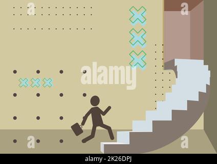 Gentleman en costume dessin courant vers le haut sur UN grand escalier. Homme dans la conception uniforme escalade de grands escaliers montrant des progrès et l'amélioration. Banque D'Images