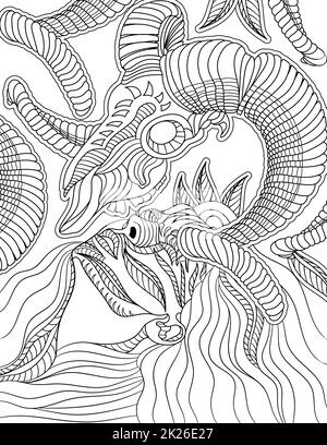 Lady Line Drawing with A Dragon Skull Over Her Head coloriage Book with Details Inside Banque D'Images