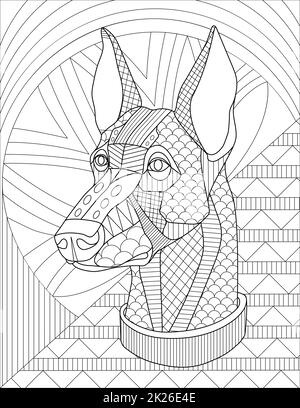 Dessin de ligne de visage de chien avec détails géométriques et cahier de coloriage d'arrière-plan de motif Banque D'Images