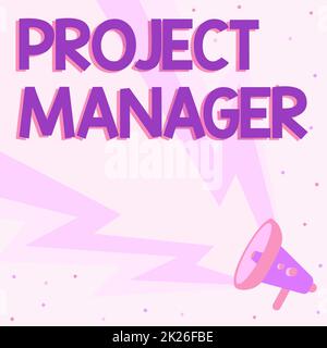 Affiche le chef de projet. Concept Internet charge globale de la planification et de l'exécution d'un projet de dessin de mégaphone avec le son onde de foudre faire une annonce forte. Banque D'Images